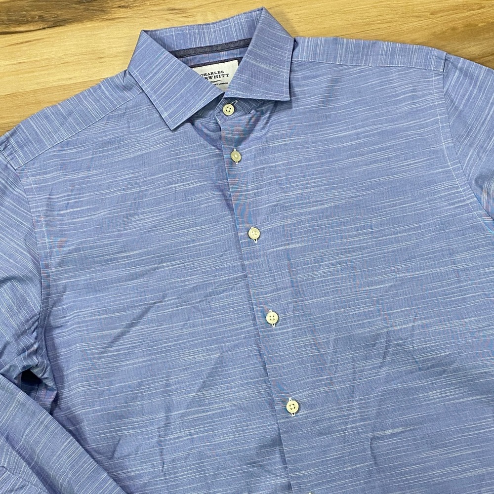 Charles Tyrwhitt Dress Shirt 16/35 Classic Fit Blue Slub Cotton Long Sleeve